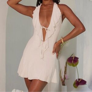 Oh Polly Cream Ruffle Plunge Mini Dress